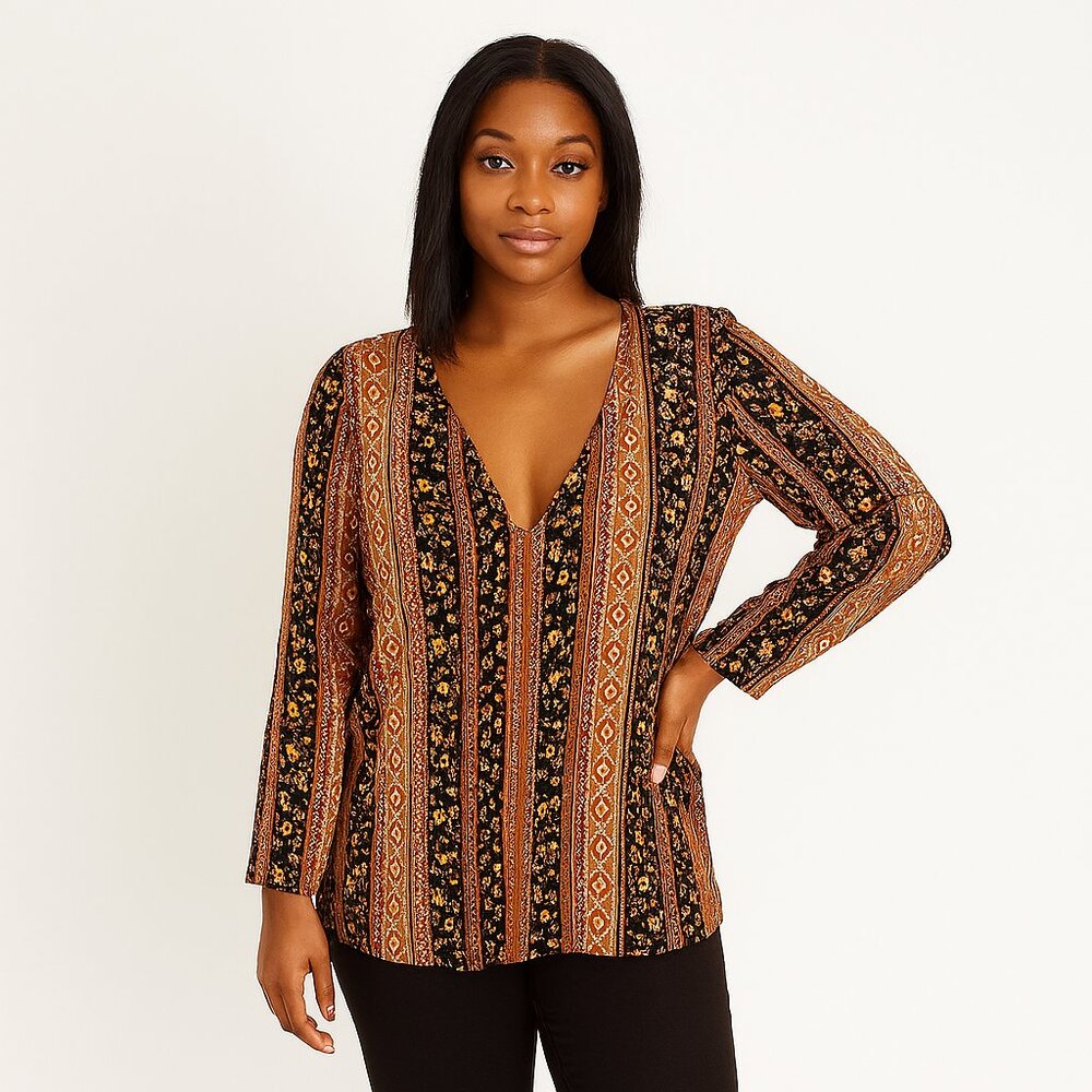 Daytrip Bohemian Longline Peasant Tunic with Deep V Neck Balloon Sleeves NEW